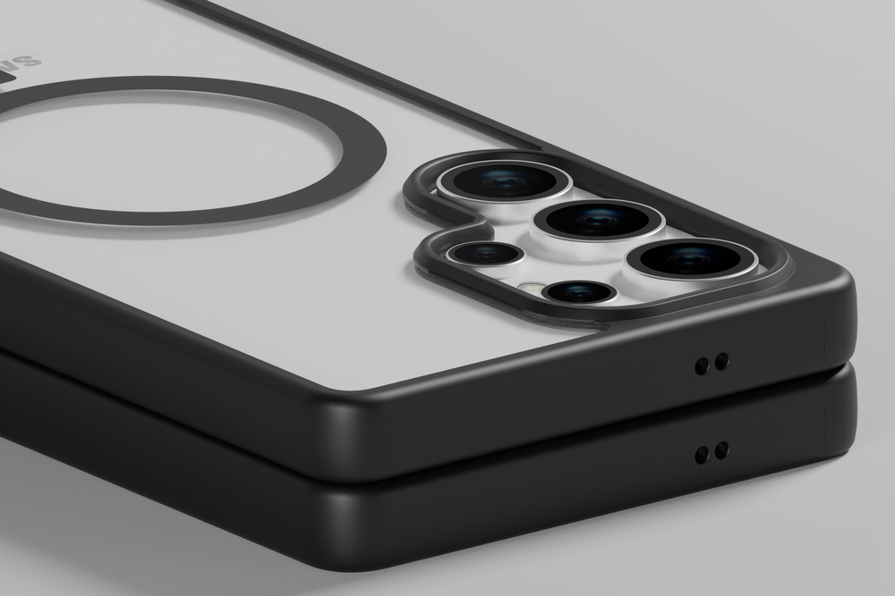 Peel Ultra Thin Black Case for Samsung Galaxy, showcasing sleek design and precise camera cutouts.
