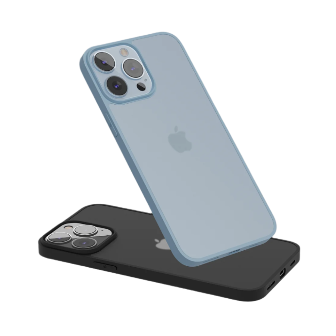 Ultra-thin iPhone case in blue and black, minimalist design, precise camera cutouts.