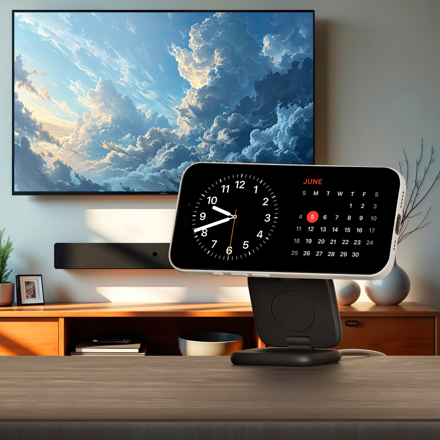 Peel's sleek black phone stand with clock display, enhancing modern home entertainment setup.