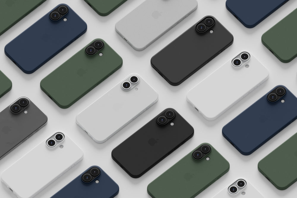 Minimalist Peel iPhone cases in green, navy, black, and white, showcasing sleek, thin design.