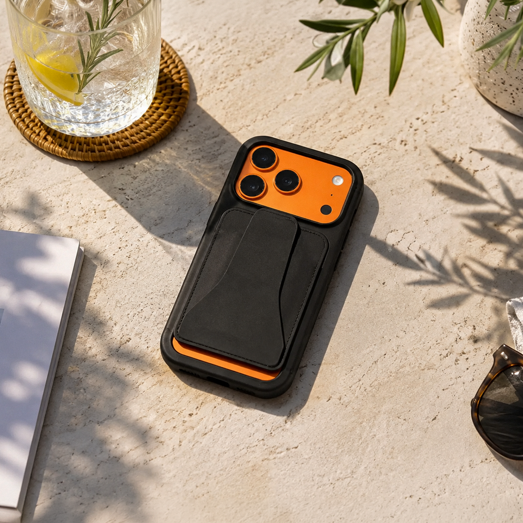 Peel Magnetic Wallet Stand attached to an orange iPhone case on a sunlit stone table